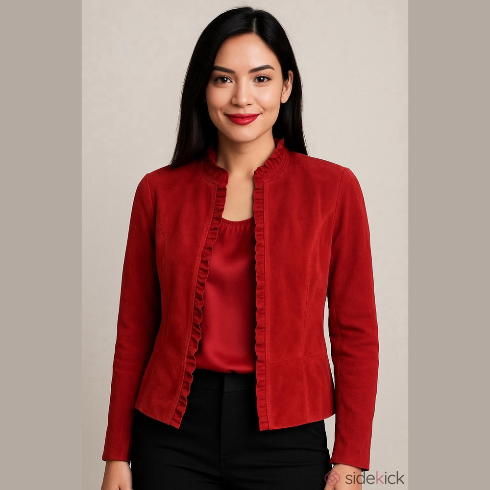 Women's A.M.I. Red Ruffled Suede Leather Jacket M